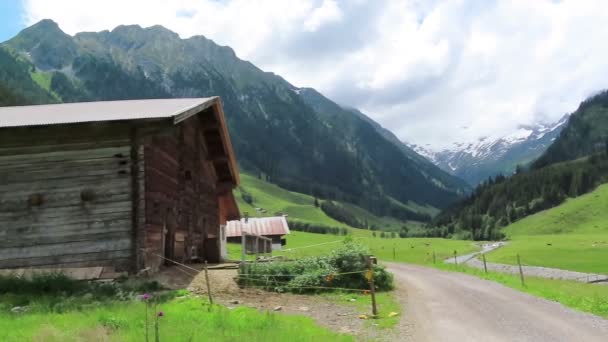 Stara Drewniana Stodoła Dolinie Schoenachtal Tyrolu Austrii Szlak Turystyczny Dolinie — Wideo stockowe