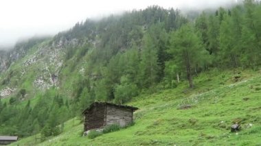 Tirol Avusturya Wimmertal vadisinde geleneksel çiftlik ahır. Vadi boyunca uzanan yol.