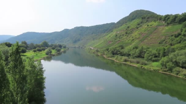 Mosella Paesaggio Fluviale Con Colline Vigneti Intorno Villaggio Bruttig Paesi — Video Stock