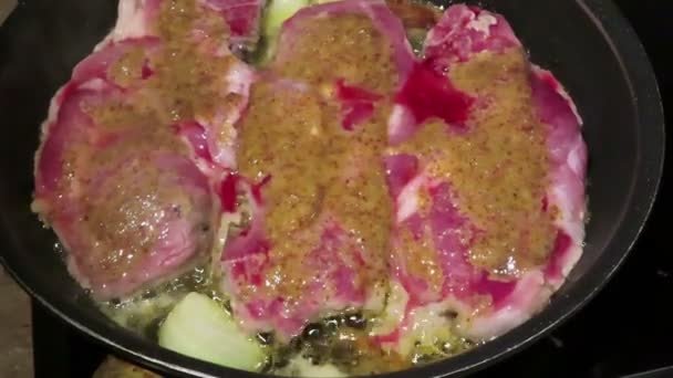 Roasting Pork Steak Pan Spices Mustard Pepper — Stock Video