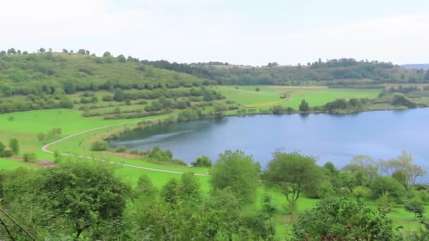 Landscape Schalkenmehrener Maar Lake Volcano Caldera Eifel Region Germany — Stock Video