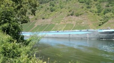 Pommern, Rhineland-Palatinate / GERMANY 9 Ağustos 2020: Moselle nehri üzerinde sanayi mavnası. Her yerde üzüm bağları var..
