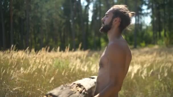 Bearded man swinging muscles, sport in nature, naked torso, sexy guy — Stock Video