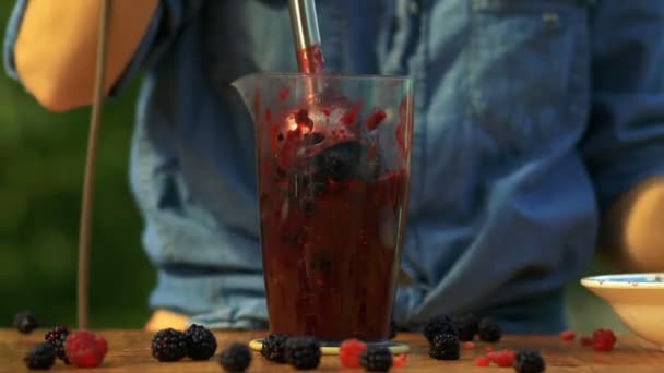 Flickan förbereder smoothies från färska bär, färsk pressad juice — Stockvideo