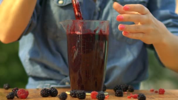 Att förbereda smoothies, färskpressad juice, blender — Stockvideo