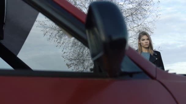 Gondolkodó lány áll közelében, egy autó, a nyír háttér, szomorúság és a melankólia — Stock videók