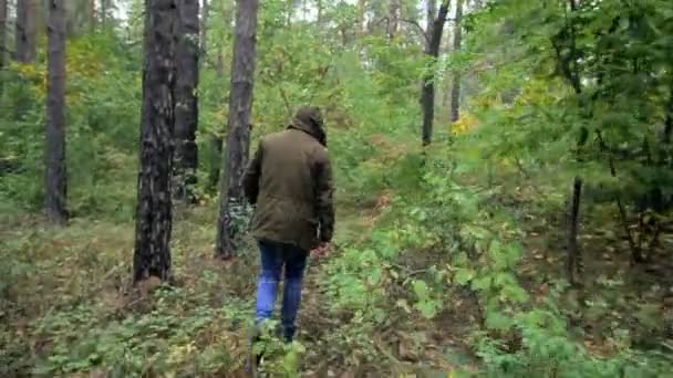 En kille i en huva promenader genom skogen, en man är vilse i skogen — Stockvideo