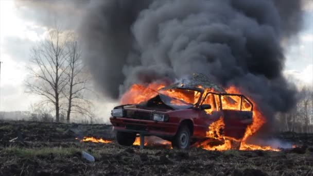 L'auto brucia nel campo e la sua ruota esplode. Auto in fiamme. Vista laterale . — Video Stock