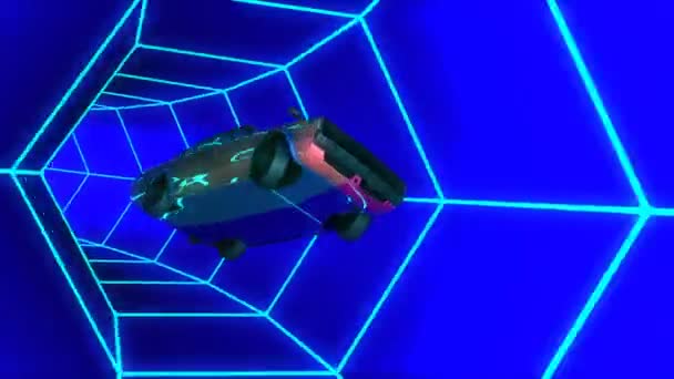 Auto vallen In Neon Tunnel Retro Wave Music lus animatie — Stockvideo