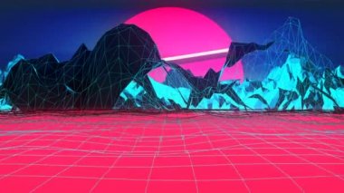 Pembe okyanus Hologram Dağları. Retrofuturistic Synthwave arka plan döngü.