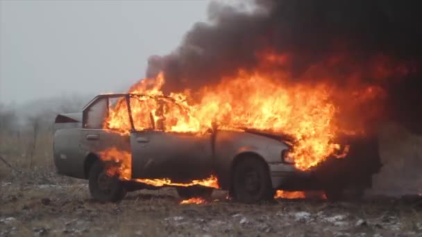 Auto in Flammen Zeitlupe, brennendes Auto im Feld — Stockvideo