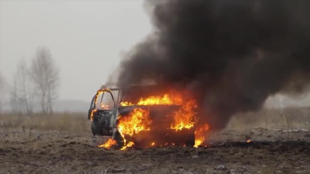 Auto v plamenech, hořící auto v poli, přední pohled — Stock video