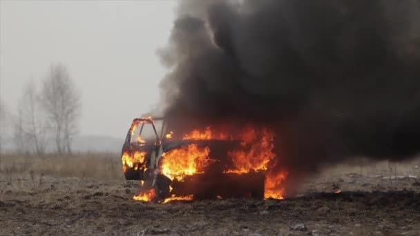 Samochód w ogniu, spalanie samochodu w pole, przedni widok — Wideo stockowe