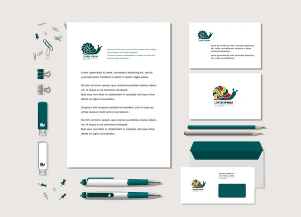 The bright corporate style with snail. Samples of business cards, a flash card, a pen, an envelope. Vector.