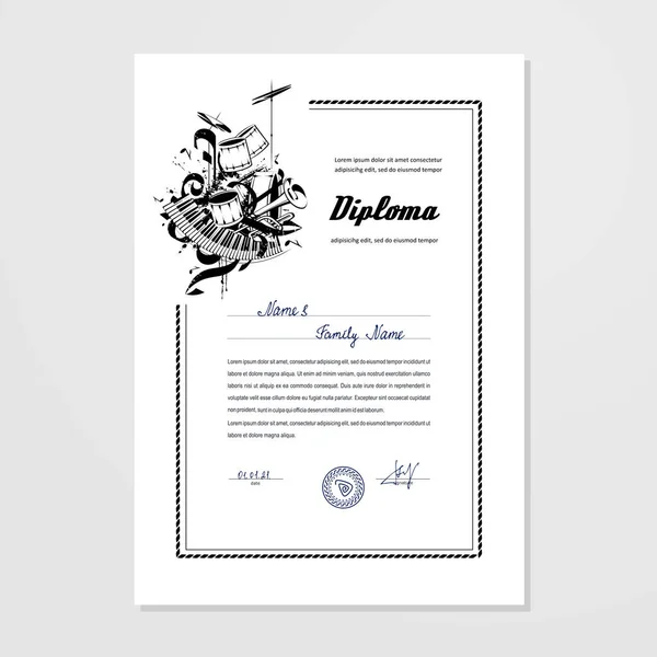 Certificado Diploma Asignatura Música Plantilla Diseño Vector — Vector de stock