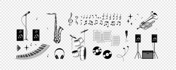 Set Notas Instrumentos Musicales Sonido Ilustración Vectorial Simplificada Música — Vector de stock