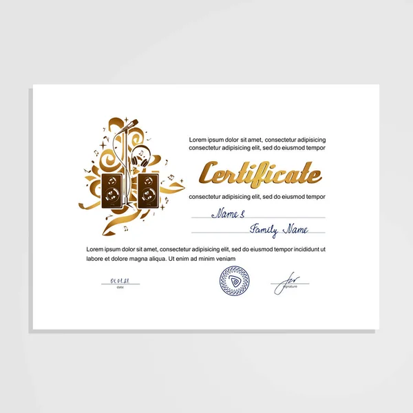 Certificado Diploma Sujeito Música Modelo Design Vetor —  Vetores de Stock