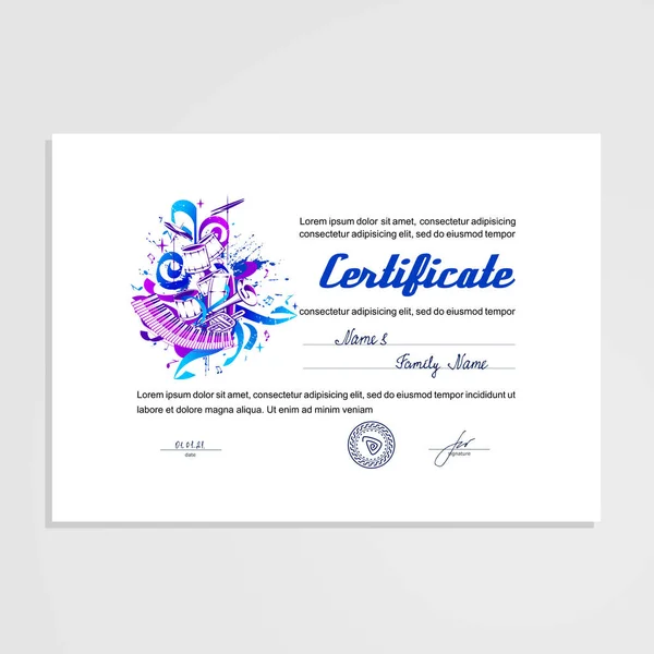 Certificate Diploma Subject Music Design Template Vector — Stock Vector