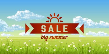 Büyük yaz Satılık. Bir afiş ile bir yaz panorama - mavi gökyüzü, bulutlar, otlar, çiçekler. Vektör çizim.