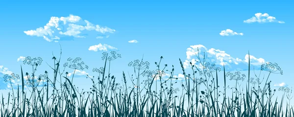 Panorama Cielo Azzurro Nuvole Erbe Selvatiche Disegno Vettoriale — Vettoriale Stock
