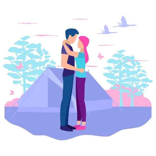 Couple - man and woman in nature, on the background of the tent. — Stock Vector