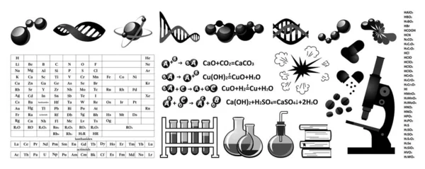 化学。化学元素、分子、器具の数式 — ストックベクタ