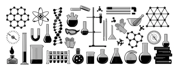 Chimica. Formule di elementi chimici, molecole, strumenti — Vettoriale Stock