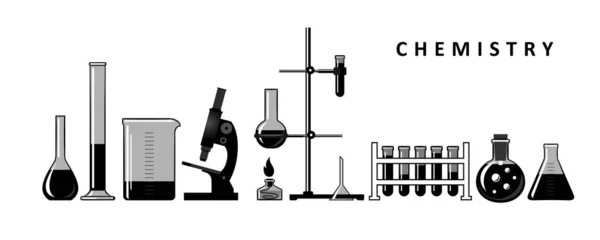 Chimica. Formule di elementi chimici, molecole, strumenti — Vettoriale Stock