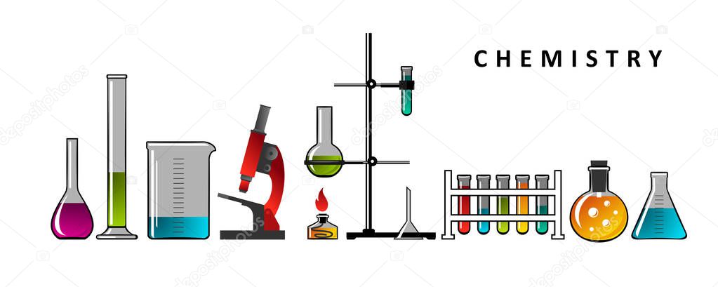 Chemistry. Formulas of chemical elements, molecules, instruments. Set for for your design - banners, posters, placards, brochures, flyers etc. Eps10 vector set.