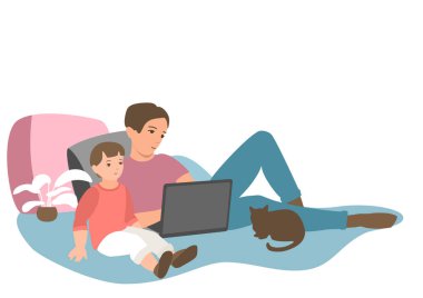 Baba ve bebek dizüstü bilgisayara bakın. Evde iş, eğitim ve eğlence. Eps 10 vektör illüstrasyonu.