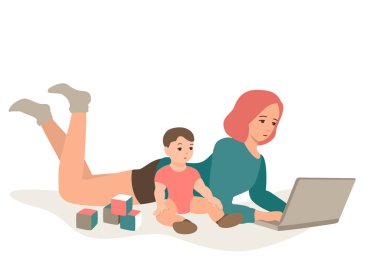 Çocuklu bir anne dizüstü bilgisayara bakıyor. Evde iş, eğitim ve eğlence. Eps 10 vektör illüstrasyonu.