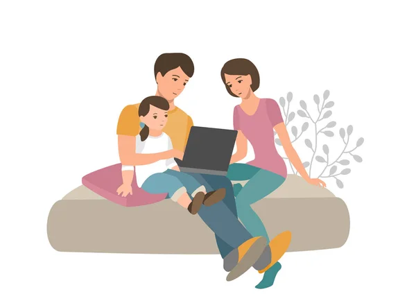 Mama Tata Dziecko Patrzą Ekran Laptopa Rodzina Domu Praca Szkolenia — Wektor stockowy
