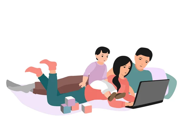 Mama Tata Dziecko Patrzą Ekran Laptopa Rodzina Domu Praca Szkolenia Ilustracja Stockowa