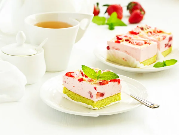 Cheesecake Strawberries Background Close — Stock Photo, Image