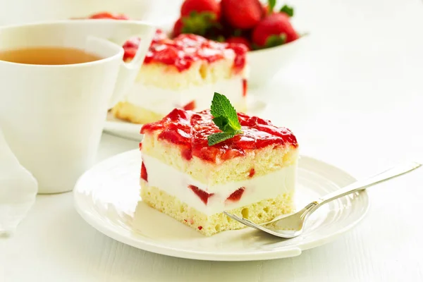 Cheesecake Strawberries Background Close — Stock Photo, Image