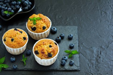 Karanlık bir arka plan üzerinde yaban mersini ile yulaf kek.