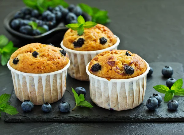 Muffins Avoine Aux Myrtilles Sur Fond Sombre — Photo