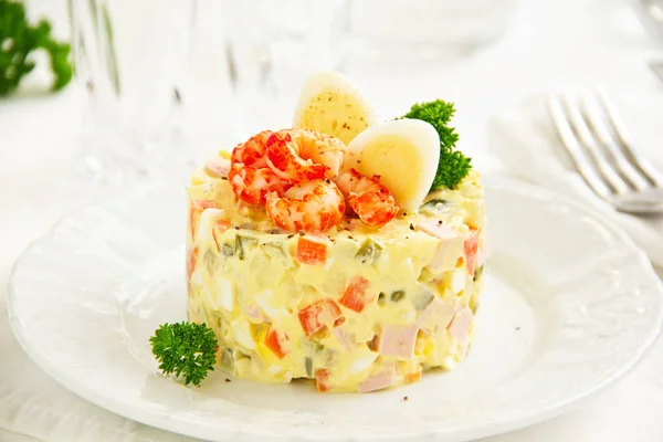 Salad Olivier Crayfish Caviar — Stock Photo, Image