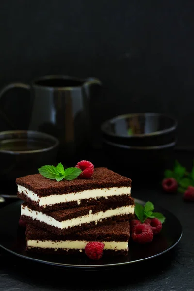 Delicate Chocolate Creamy Cake Raspberries — Stock Photo, Image