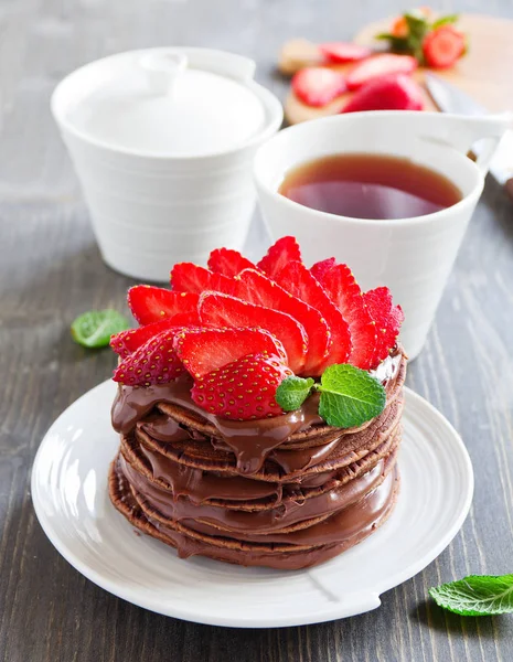 Panqueques Chocolate Con Crema Chocolate Fresas — Foto de Stock