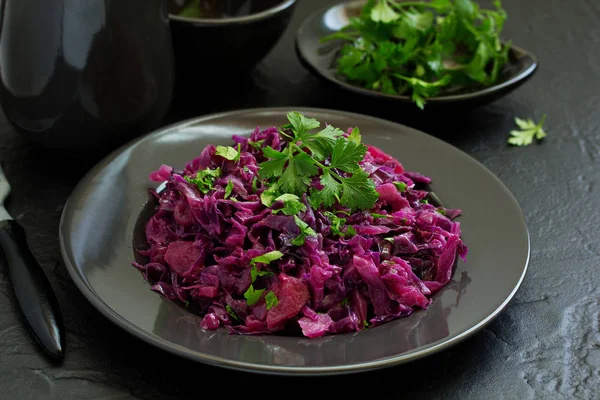 Salad Red Cabbage Stew Apples Dish New Year Table — Stock Photo, Image