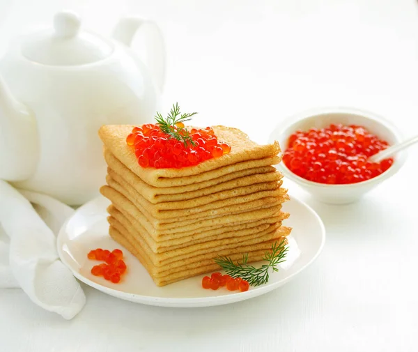 Pile Pancakes Russian Style Red Caviar — Stock Photo, Image