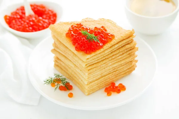 Pile Pancakes Russian Style Red Caviar — Stock Photo, Image
