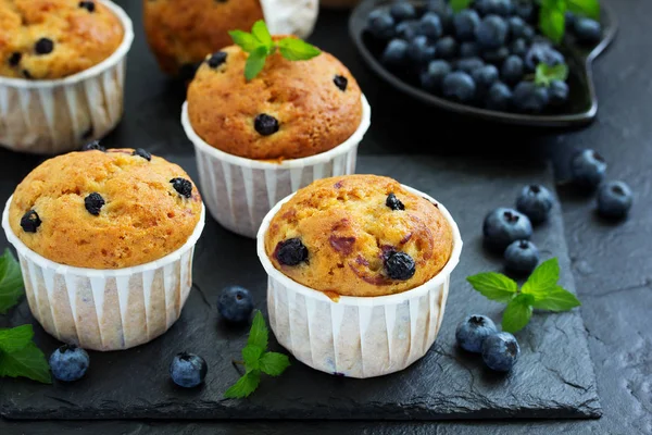 Muffins Avoine Aux Myrtilles Sur Fond Sombre — Photo