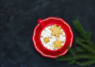 Sıcak kakao marshmallows ve gingerbread spice kar taneleri ile. Yeni yıl, bir natürmort Noel kavramı.
