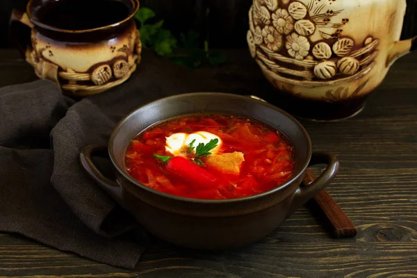 Borsch Maträtt Ryska Och Ukrainska Rätter — Stockfoto