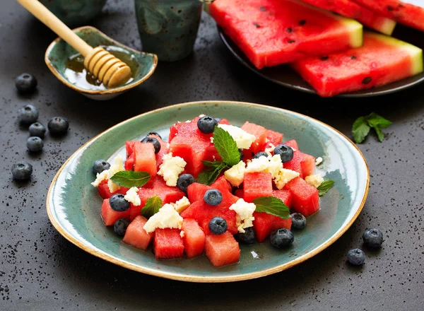 Salad Watermelon Cheese Berries Mint — Stock Photo, Image