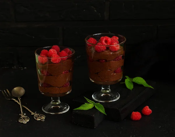 Chocolate Mousse Raspberries Selective Focus — Stock Photo, Image
