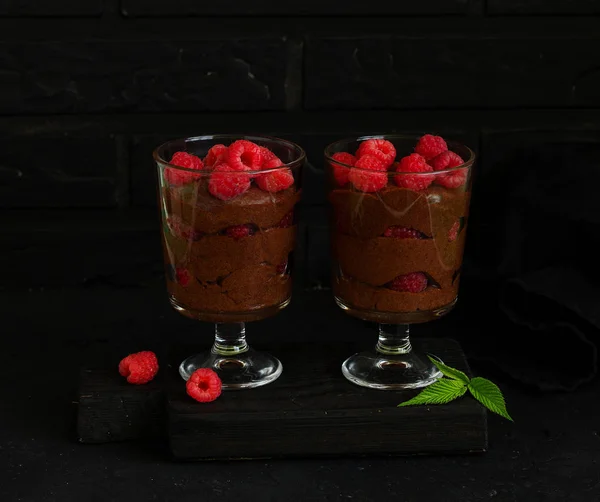 Chocolate Mousse Raspberries Selective Focus — Stock Photo, Image