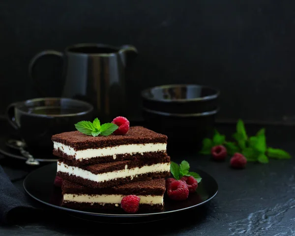 精致的巧克力奶油蛋糕与覆盆子 — 图库照片
